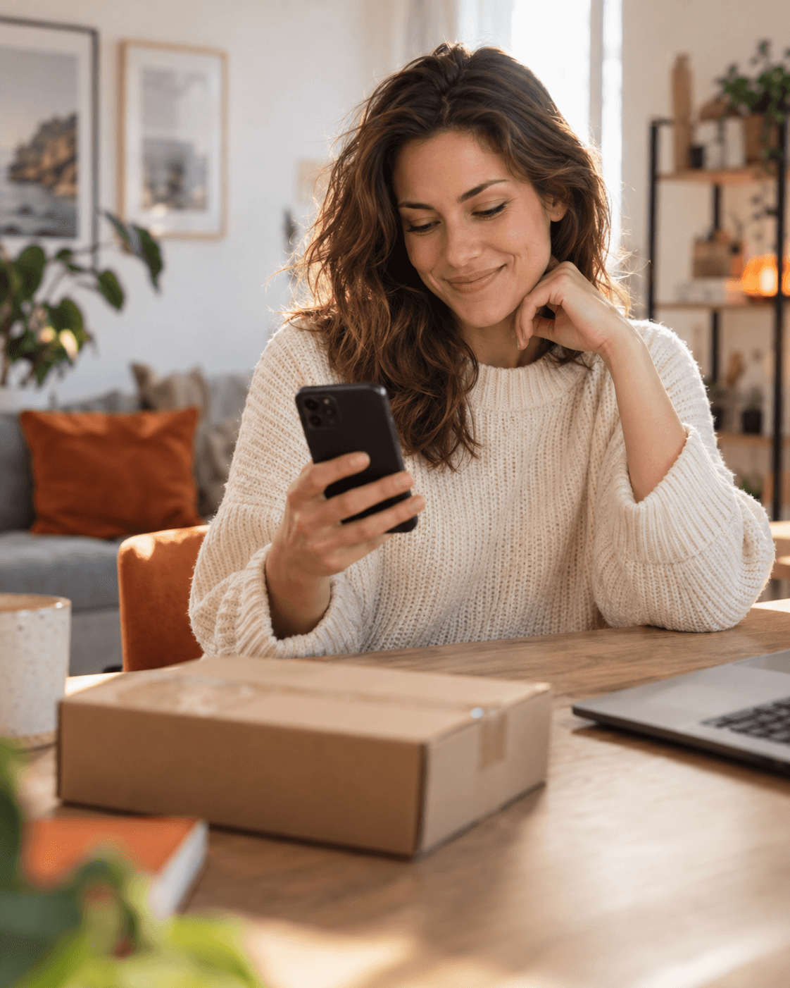 Eine Frau freut sich beim Blick auf ihr Smartphone über ihre Auszahlung.