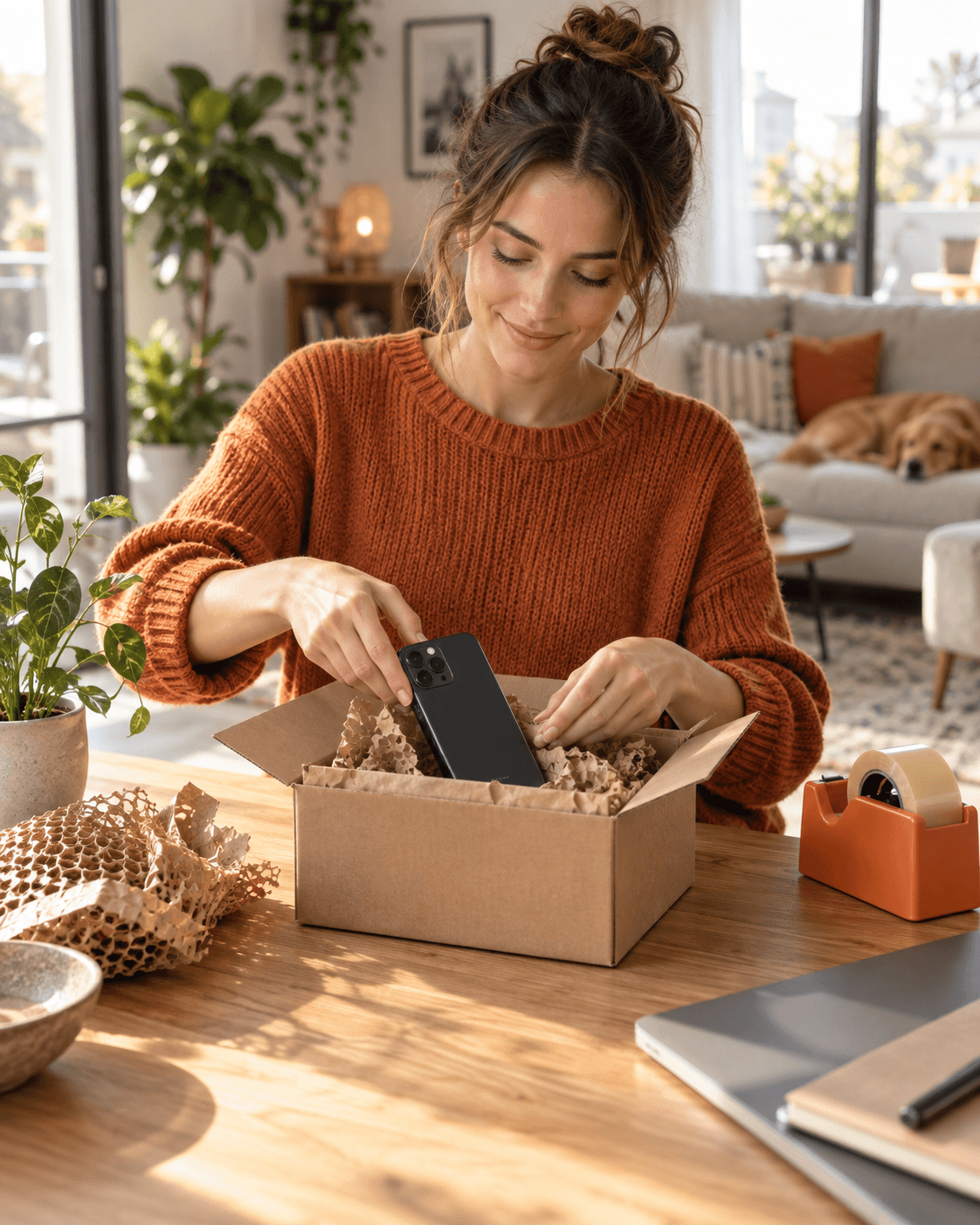 Ein Smartphone wird zu Hause sorgfältig in einen Karton mit Papierpolsterung verpackt.