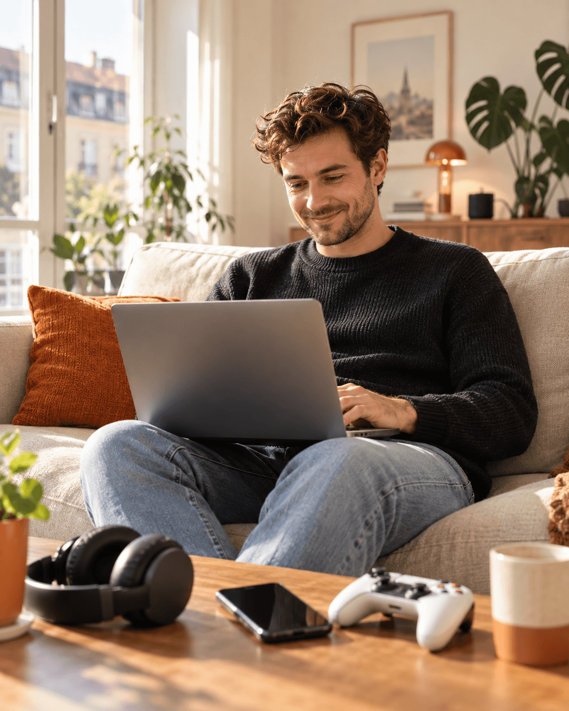 Ein Mann verkauft seine ungenutzte Technik entspannt am Laptop auf dem Sofa.