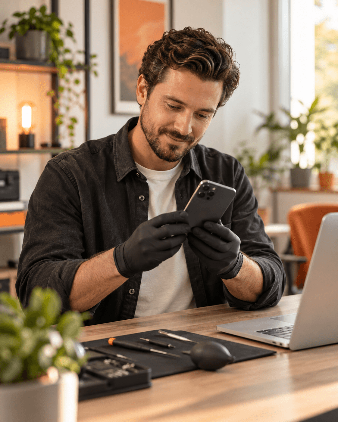 Ein Mitarbeiter prüft ein Smartphone an einem aufgeräumten Arbeitsplatz.